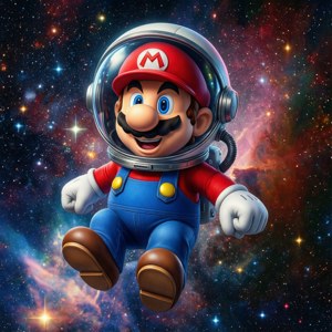 穿著太空衣的瑪利歐漂浮在彩色星雲中