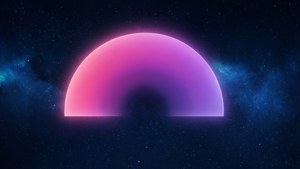 一個發光的粉紅色和紫色半球體在星雲點綴的星空宇宙場景中