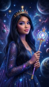 一位身穿星藍色長袍的女士，在行星和星星的宇宙天空下手持發光的法杖。
