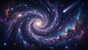 充滿活力的螺旋星系，帶有紫色、藍色和粉紅色星雲以及無數恆星