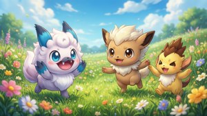 三隻伊布 Pokémon 在陽光明媚的日子裡跑過一片色彩繽紛的花田。