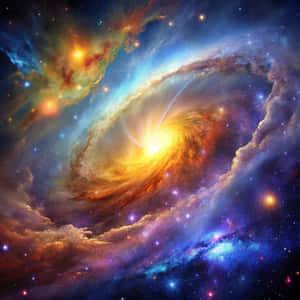 一個色彩繽紛的螺旋星系，帶有發光核心和充滿星星的旋轉星雲