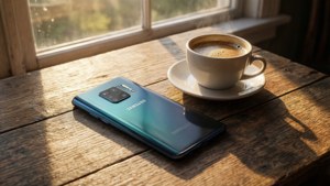 Samsung手機和咖啡杯在窗邊木桌上陽光下
