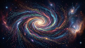 一個色彩繽紛的螺旋星系，在深空中擁有旋轉的旋臂和明亮的恆星