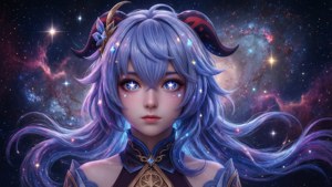 藍眼睛紫頭髮的動漫女孩，星空宇宙背景