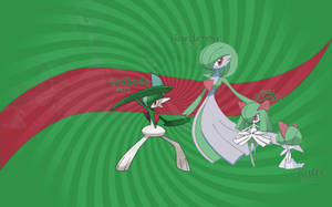 四隻動畫風格嘅寶可夢角色，名叫 Gallade、Gardevoir、Kirlia 同 Ralts，一齊擺甫士。