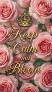 粉紅玫瑰配上金色皇冠和「Keep Calm and Bloom」文字。