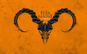 黑色公羊頭骨標誌，帶有文字 their fear is our might ulryden，在橙色背景上