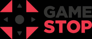 GameStop 標誌，帶有紅色控制器圖示和黑色背景上的醒目文字。 — 3440x1440 壁紙