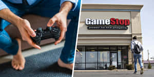 喺GameStop舖面旁邊揸住遊戲手掣嘅人。 — 遊戲 壁紙