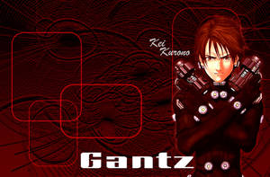 來自《GANTZ》的動漫角色玄野計雙手交叉，身穿帶有發光圓形元素的深色服裝。