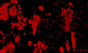 黑色背景上來自 GANTZ 的動漫角色的紅色潑濺圖形。