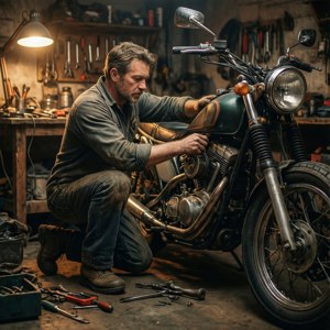 一名男子在雜亂的車庫中用工具和工作燈修理一輛復古摩托車。