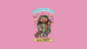 Hippie Skippy 卡通角色在粉紅色背景上揮手，手持結他和平手勢。 — 滴落效果 壁紙