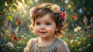 一個快樂的幼兒戴著花冠，在陽光明媚的花園中被蝴蝶圍繞。
