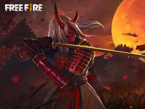 身穿紅色盔甲的惡魔武士戰士，在發光的橙色太陽下持劍。