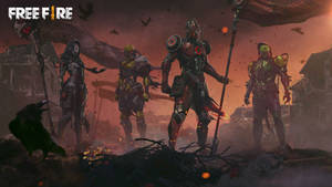 四名身穿鎧甲的戰士在廢墟戰場上站立，頭頂是火紅的橙色天空，烏鴉在飛翔。