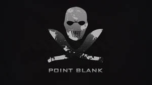 骷髏頭與交叉刀片標誌，帶有潑濺效果和文字 point blank
