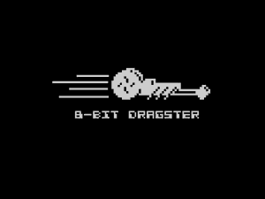 一輛白色像素化的直線加速賽車在黑色背景上飛馳，帶有「8-BIT DRAGSTER」文字。