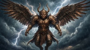 一個有翅膀、有角的裝甲惡魔站在雷暴中。