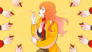 動漫女性穿著黃色外套手持香煙，被拿著打火機的手包圍。 — Jinx 魔法禁書 壁紙