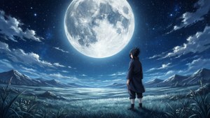 動漫角色站在田野中，頭頂巨大月亮和星星