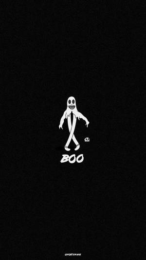 一個卡通鬼魂，咧嘴大笑，下方黑色背景上寫著BOO。