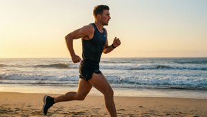 運動型男子在沙灘上奔跑，伴隨著日落時分的海浪。