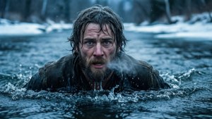 頭髮濕透、留鬍鬚的男人在冬日降雪期間於冰冷的河流中游泳。