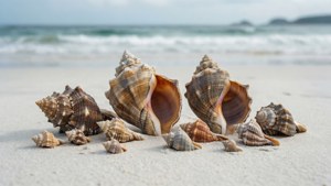 沙灘上散落著各種貝殼，後面有海浪。