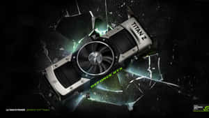 GeForce GTX Titan Z 顯示卡帶著綠色能量衝破碎裂的玻璃。 — 4K 遊戲 壁紙