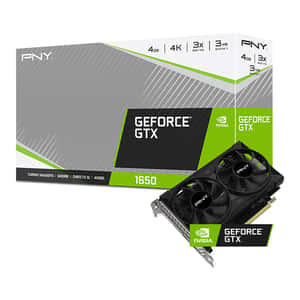 PNY GeForce GTX 1650 顯示卡及其零售包裝。