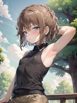 棕色頭髮和藍色眼睛的動漫女孩靠在戶外的欄杆上。 — HMD Terra M 壁紙