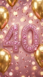 粉紅色寶石數字40，配有金色氣球和五彩紙屑，用於40歲生日慶祝。