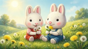 兩隻卡通兔在陽光的草地上手持蒲公英。