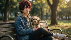 紅髮年輕男子在金色陽光下於公園長椅上抱著小狗