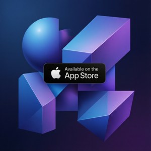 藍色和紫色的抽象 3D 幾何形狀，帶有 Apple App Store 徽章