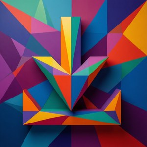 一個由三角形面組成的彩色幾何向下箭頭。