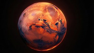 一個低多邊形行星，帶有在太空中發光的橙色和紅色面