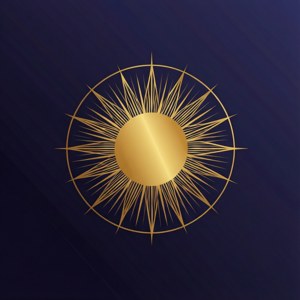 海軍藍背景上帶有尖銳光線的金色太陽符號
