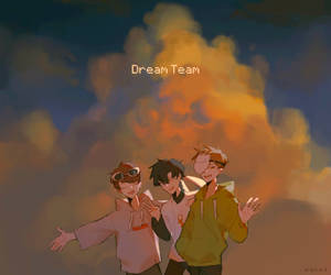 三個微笑的動漫青少年在發光的日落天空下站在一起，帶有'Dream Team'文字。