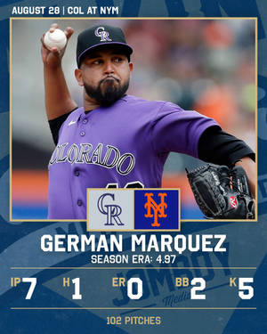 棒球投手German Marquez身穿科羅拉多洛磯隊制服，投球時顯示比賽統計數據。