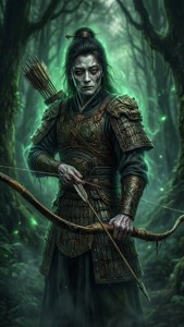 一位身穿暗色盔甲的戰士在閃爍著生物螢光的綠色森林中手持弓箭，周圍有霧氣和螢光。