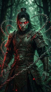 一名被鎖鏈束縛、身穿暗色盔甲、雙眼發紅光的戰士，站在迷霧籠罩的森林中。