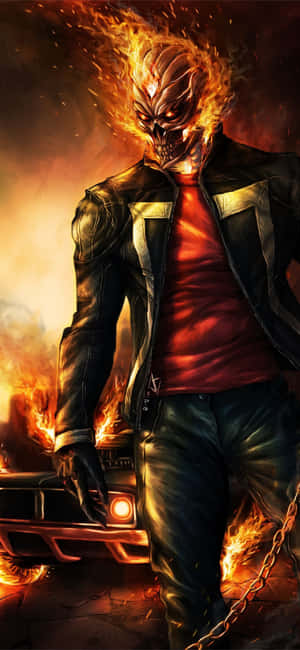 Ghost Rider 與燃燒的骷髏頭和電單車在火焰場景中。 — 1080x2340 壁紙