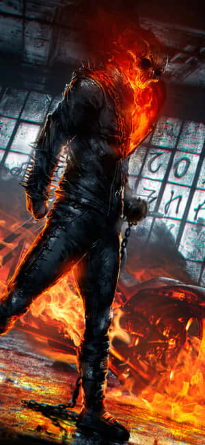 Ghost Rider 在燃燒的城市景觀中身陷火海。 — Honor GT 壁紙