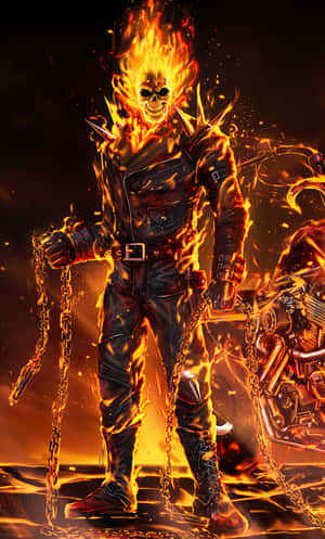 Ghost Rider 身處火焰中，手持鎖鏈，身後有電單車。 — Honor Pad X7 壁紙