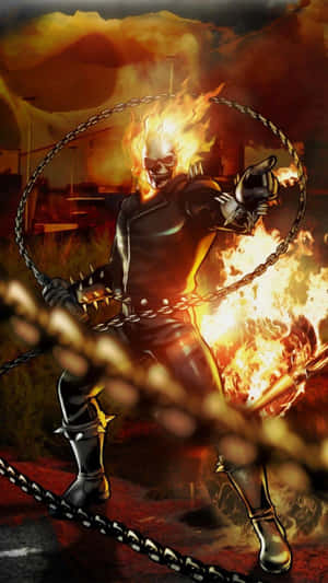 Ghost Rider 在燃燒的城市場景中揮舞著火焰鎖鏈。 — 幽靈 壁紙