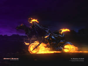 Ghost Rider 在黑暗的沙漠中騎著火焰電單車和骷髏馬。