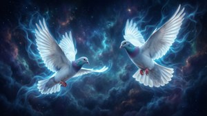 兩隻帶有發光翅膀的白鴿飛過色彩繽紛的宇宙星雲，其中有星星和旋轉的雲層。